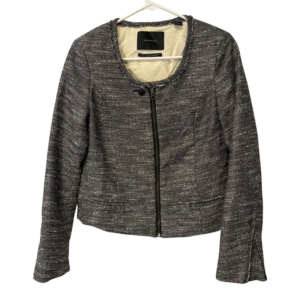 Maison Scotch Tweed Jacket Women Size 2 Grey Bouclé Zip Front Moto Fringe Trim